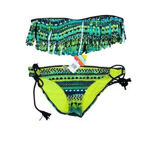 Raisins Fringe Bandeau Bikini Set Womens Size L Multicolor Geometric Boho Tassel
